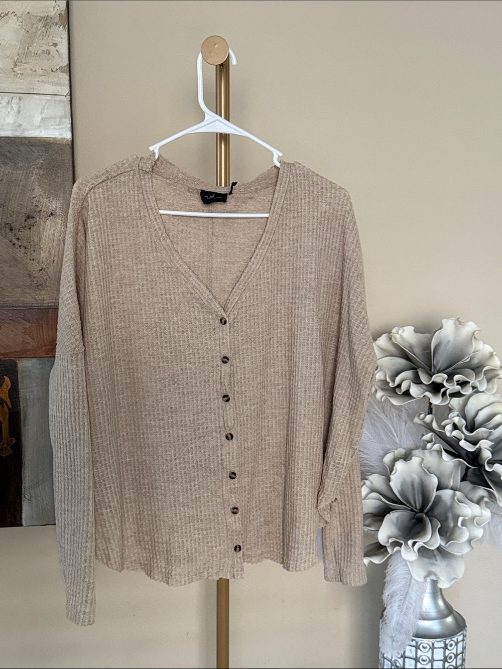 Urban Outfitters Beige Waffle-Knit Button Cardigan